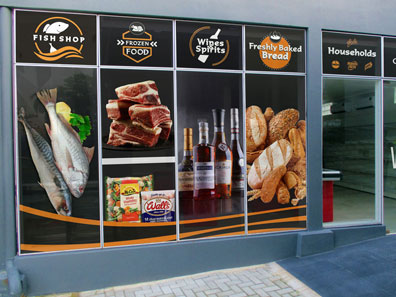 cino's express supermarket window graphics